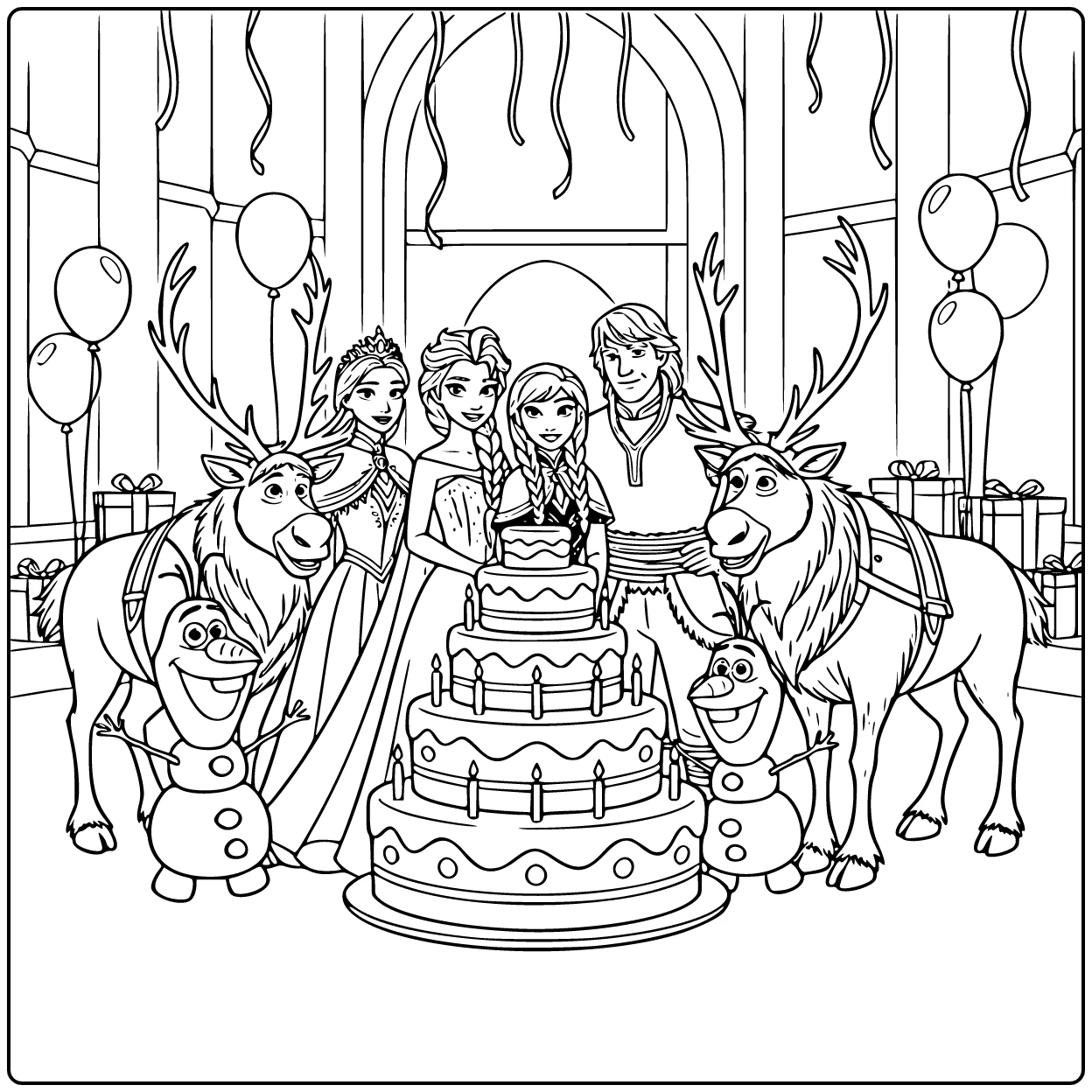 Cozy Frozen Birthday with Friends coloring page