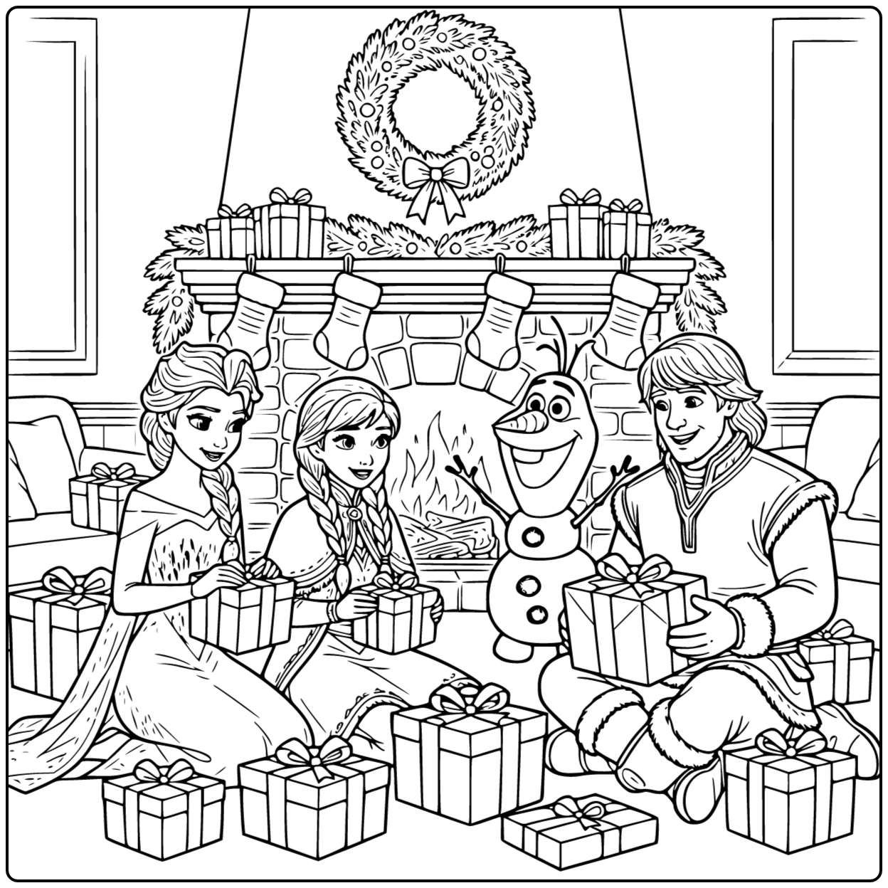 Cozy Christmas Frozen with Anna Elsa and Olaf coloring page