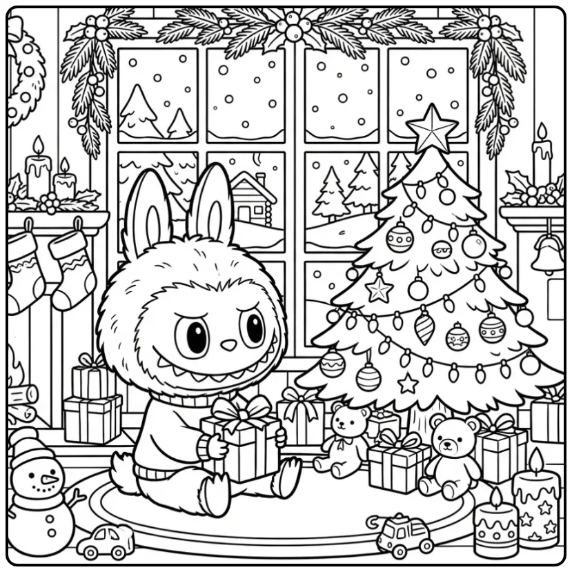 Cozy Labubu Christmas in a Warm Log Cabin coloring page