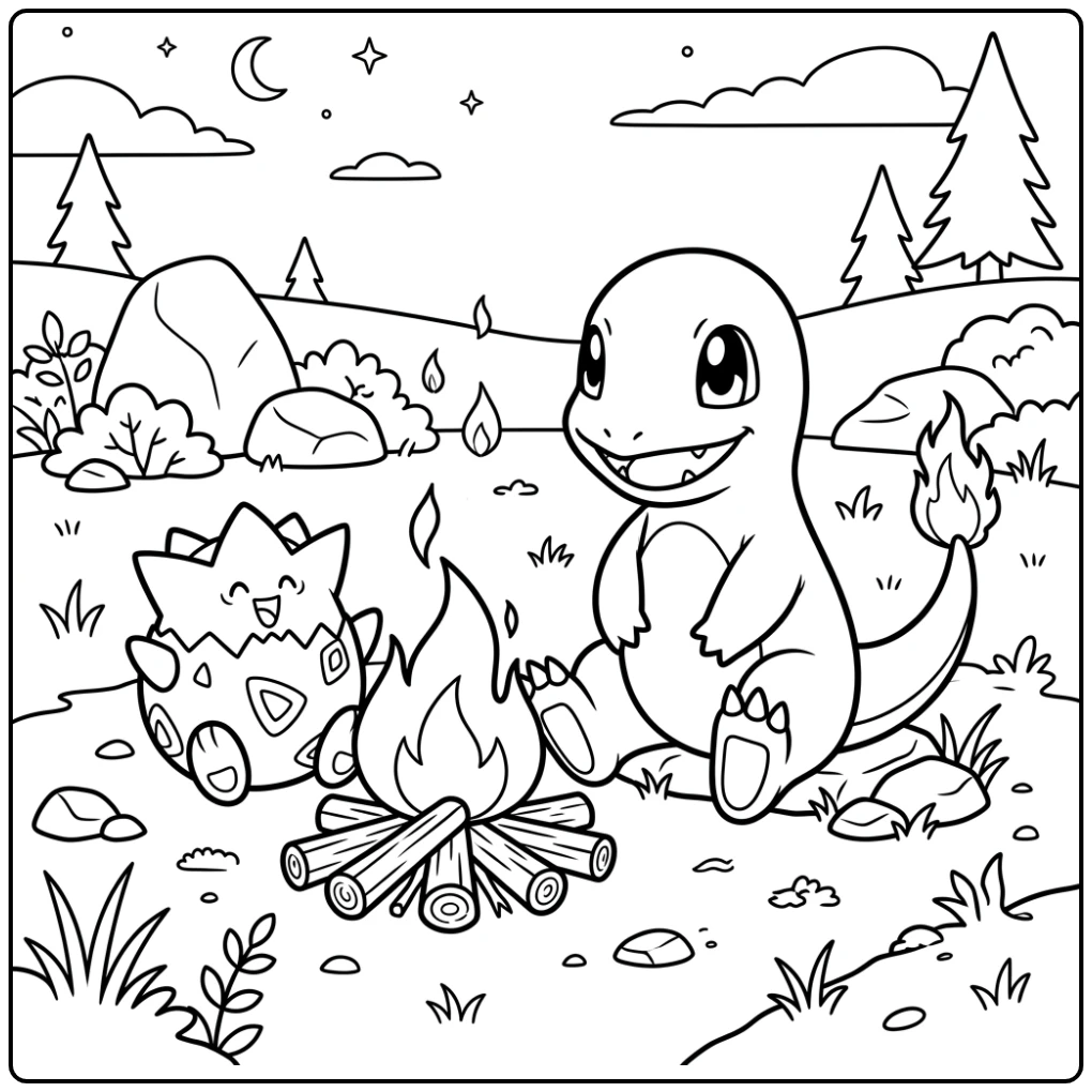Cozy Pokemon Cute Charmander and Togepi Camping coloring page