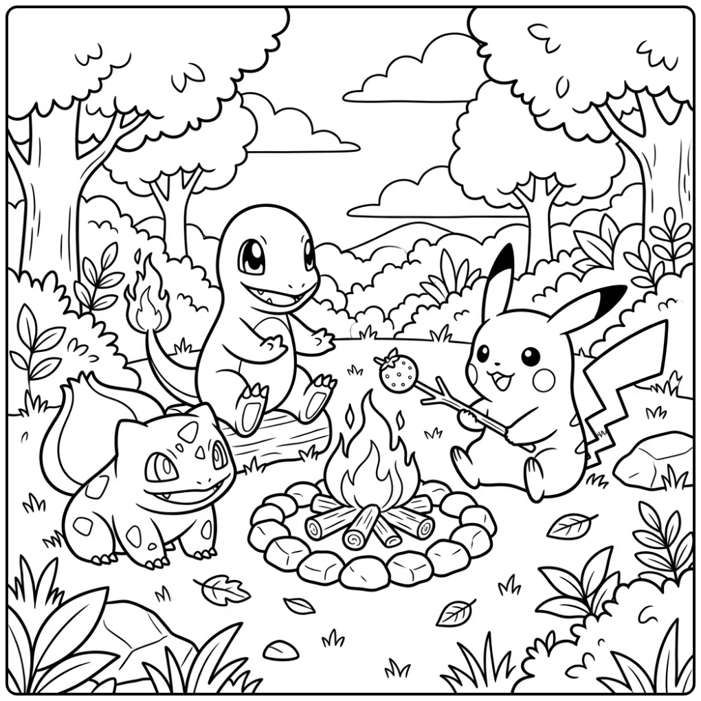 Cozy Pokemon Cute Friends Around the Campfire coloring page