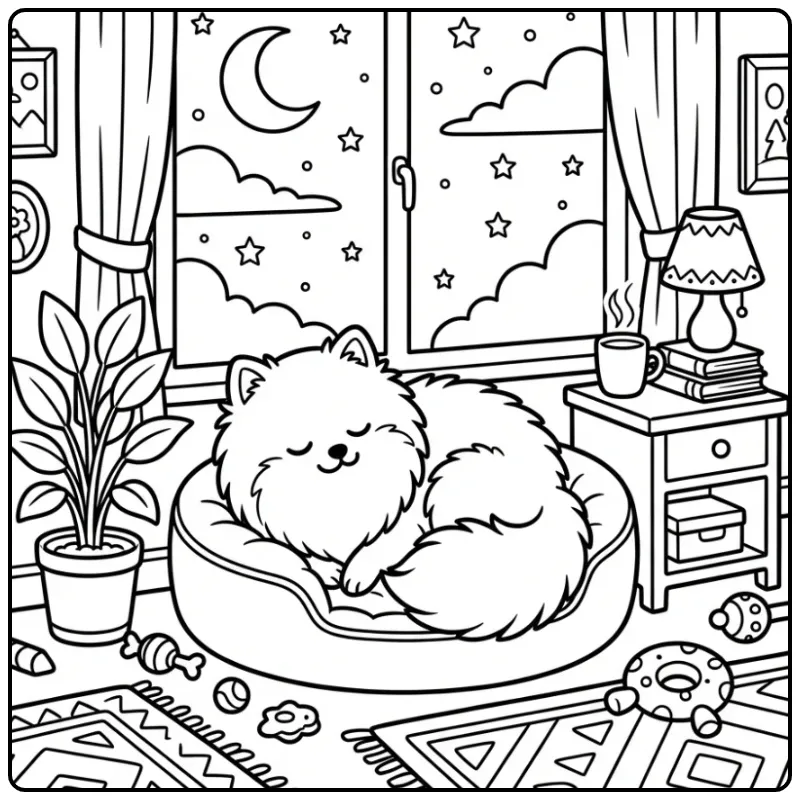 Cozy Pomeranian with Moonlight and Stars coloring page