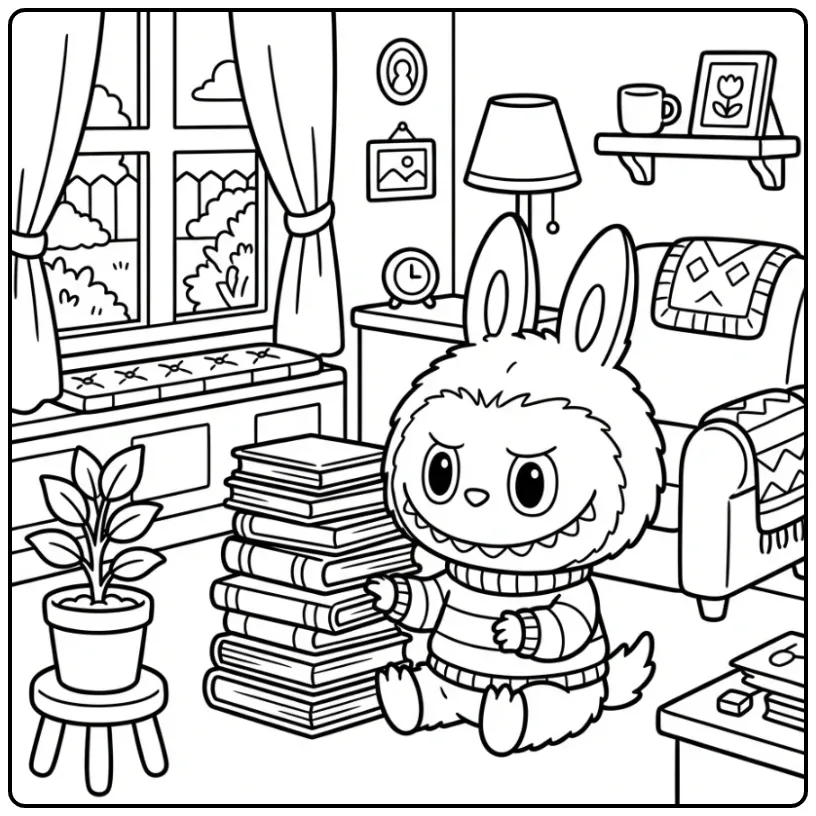 Cute Labubu in a Cozy Reading Nook coloring page