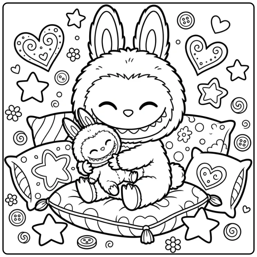 Cozy Labubu Pop Sitting on a Pillow coloring page