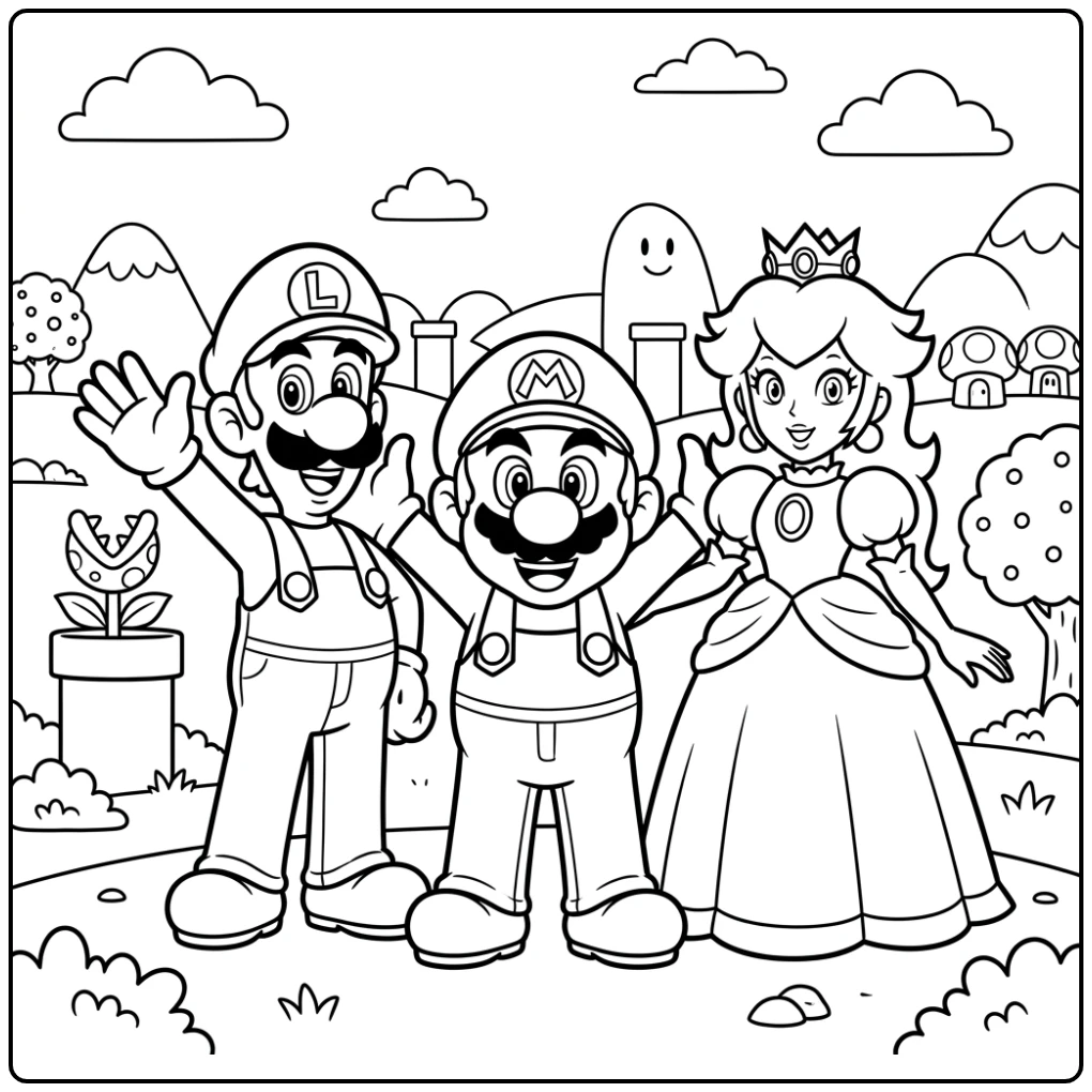 Cozy Mario, Luigi, and Peach in the Mushroom Kingdom coloring page