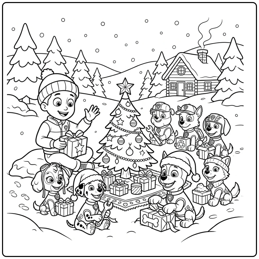 Cozy Paw Patrol Christmas Gifts Unwrapping coloring page