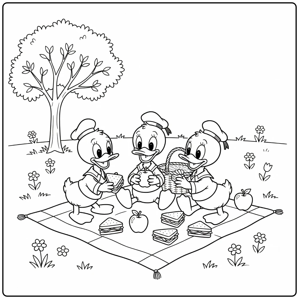Huey, Dewey, and Louie coloring page with a playful adventure