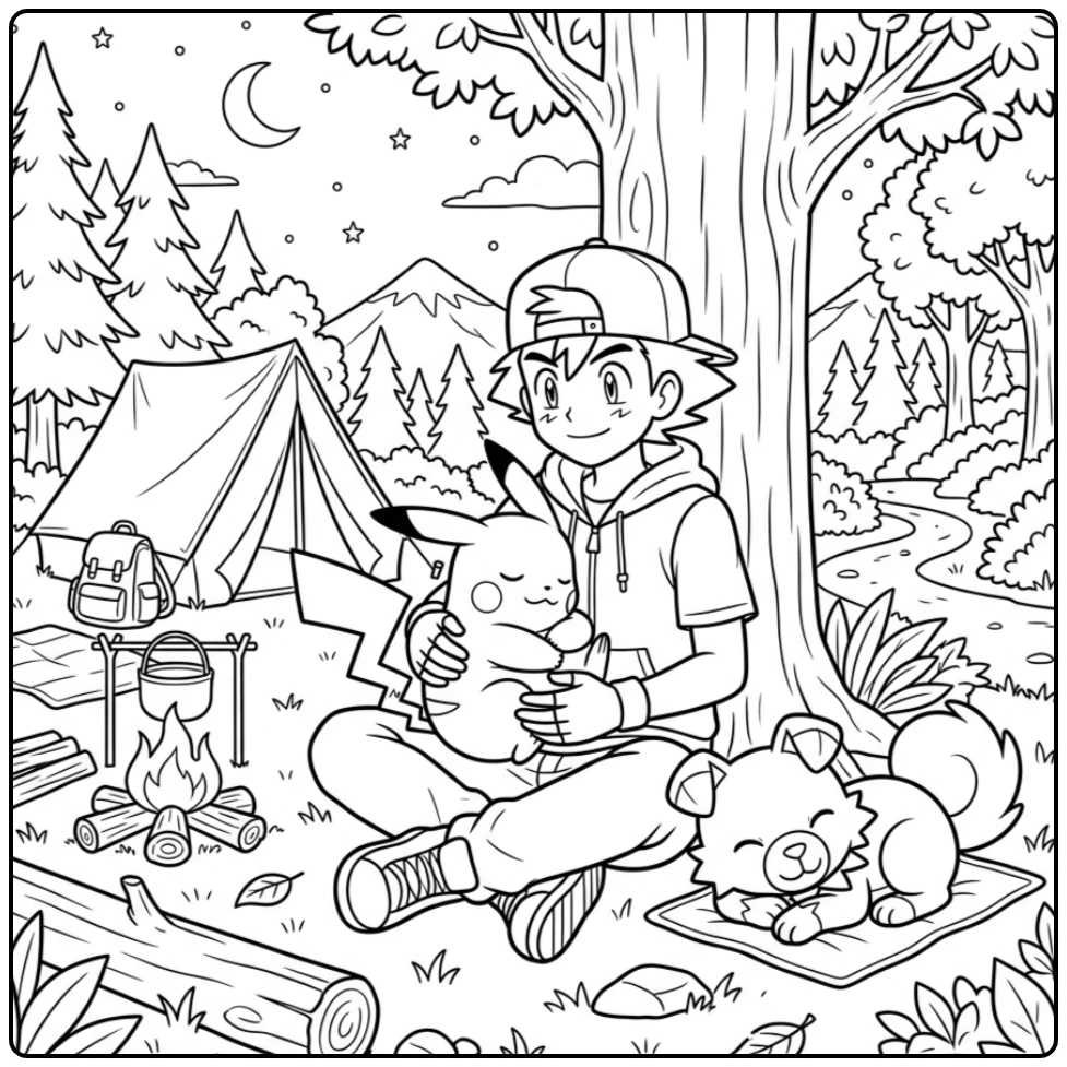 Cozy Pikachu Ash on the Camping coloring page