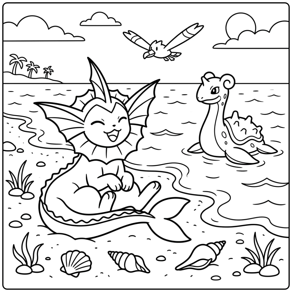 Cozy Vaporeon Relaxing with the Sea coloring page