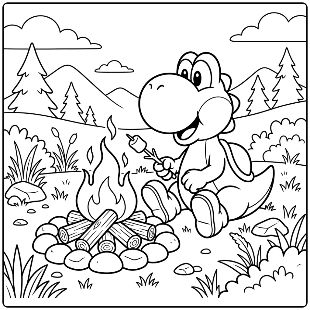 Cozy Yoshi Relaxing with the Campfire coloring page