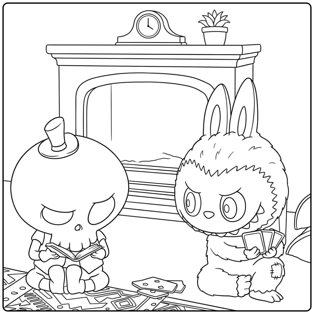 Cozy Sunday Labubu Scene coloring page