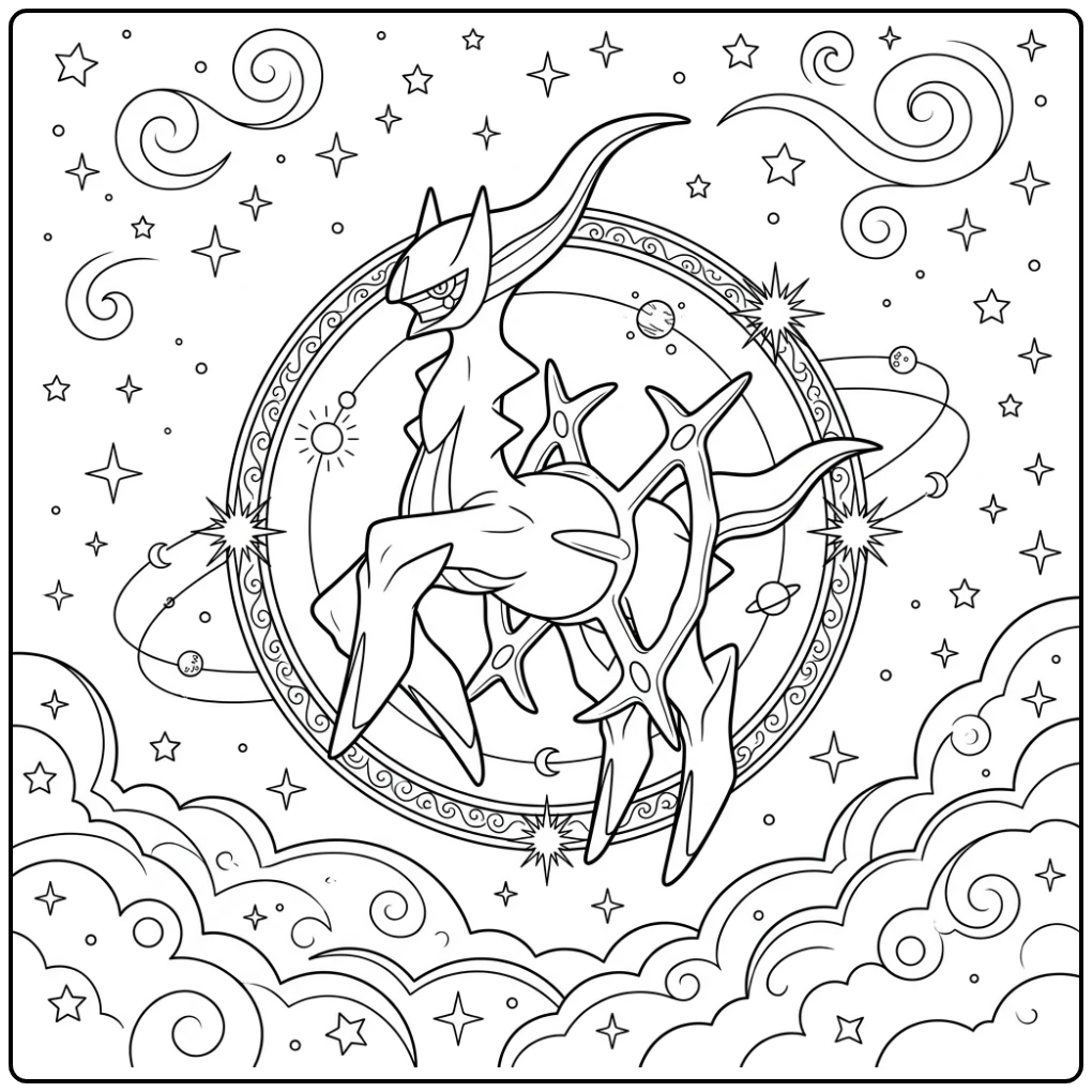 Divine Pokemon Arceus in the Space with Rings coloring page