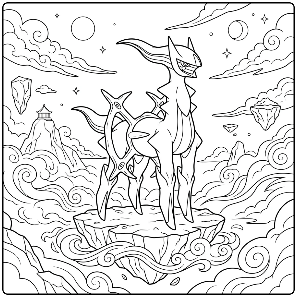 Divine Pokemon Arceus Looking Over Mythical Landscape coloring page