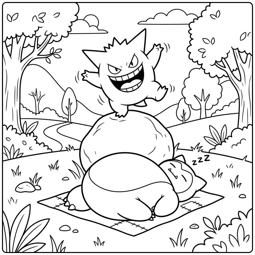 Funny Gengar Teasing Sleeping Snorlax coloring page