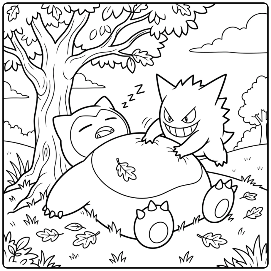Funny Gengar Teasing Snorlax with Tickle Fun coloring page