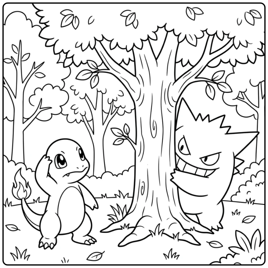 Funny Gengar Teasing Charmander coloring page
