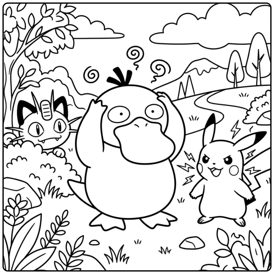 Funny Confused Psyduck and Pikachu coloring page