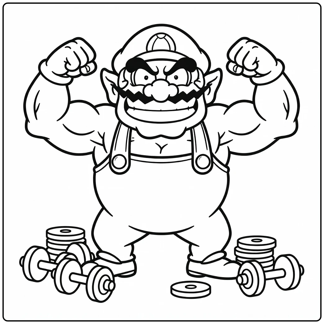 Funny Strongman Wario with Dumbbells coloring page