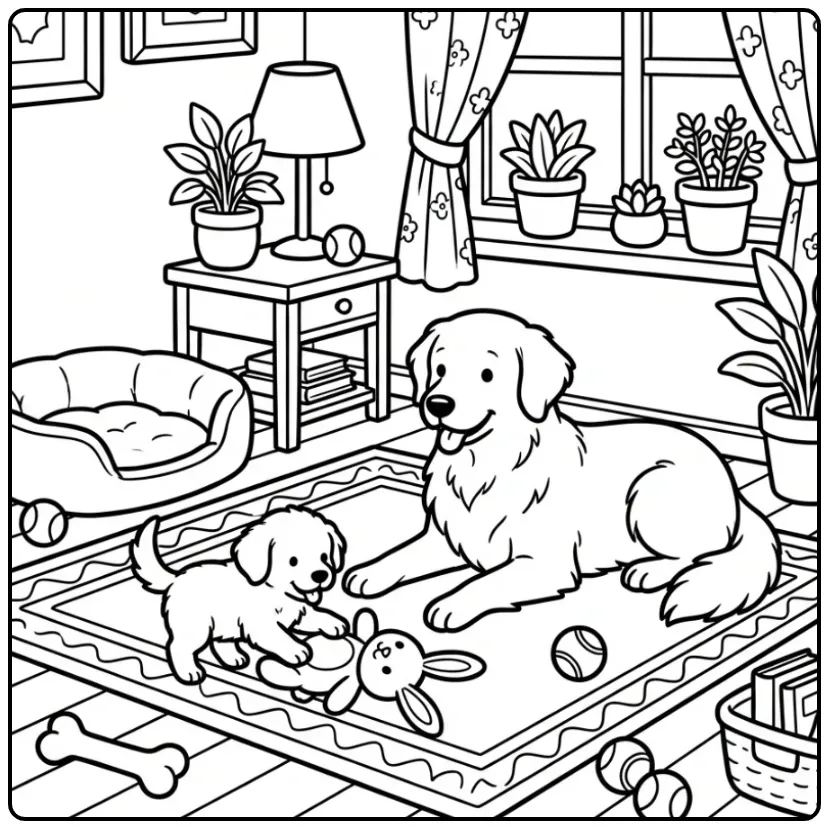 Puppy Dogs with Mother and Toys coloring page