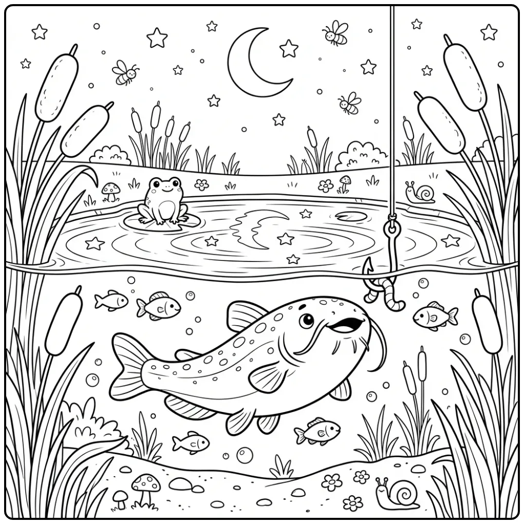 Catfish and Fishhook in a Pond coloring page