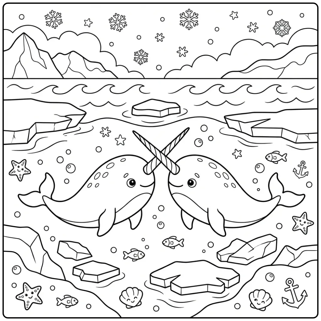 Narwhal Swimming Among Ice Floes coloring page