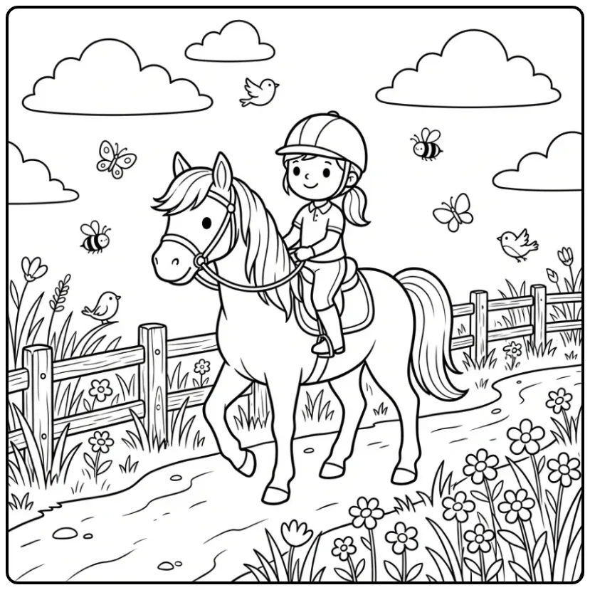 Horse with Rider in Nature coloring page