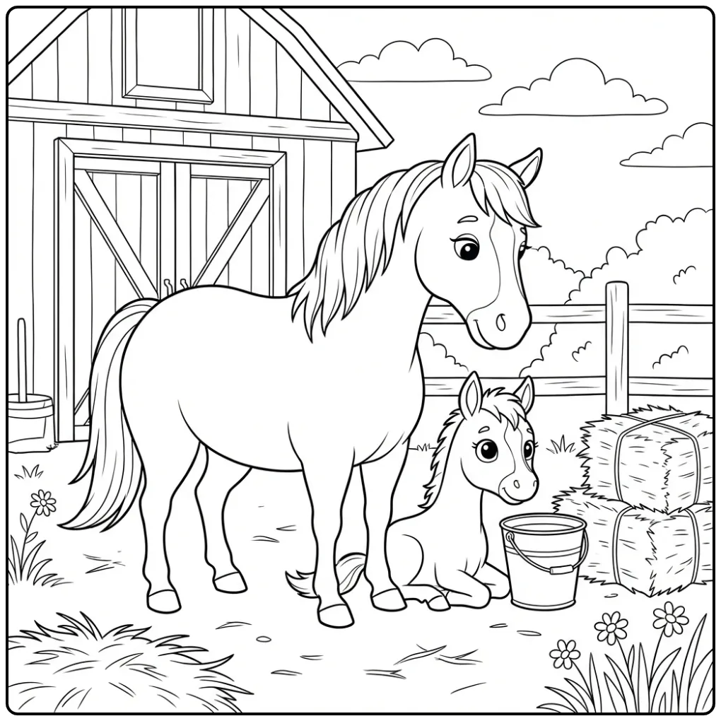 Horse with Foal on the Yard coloring page