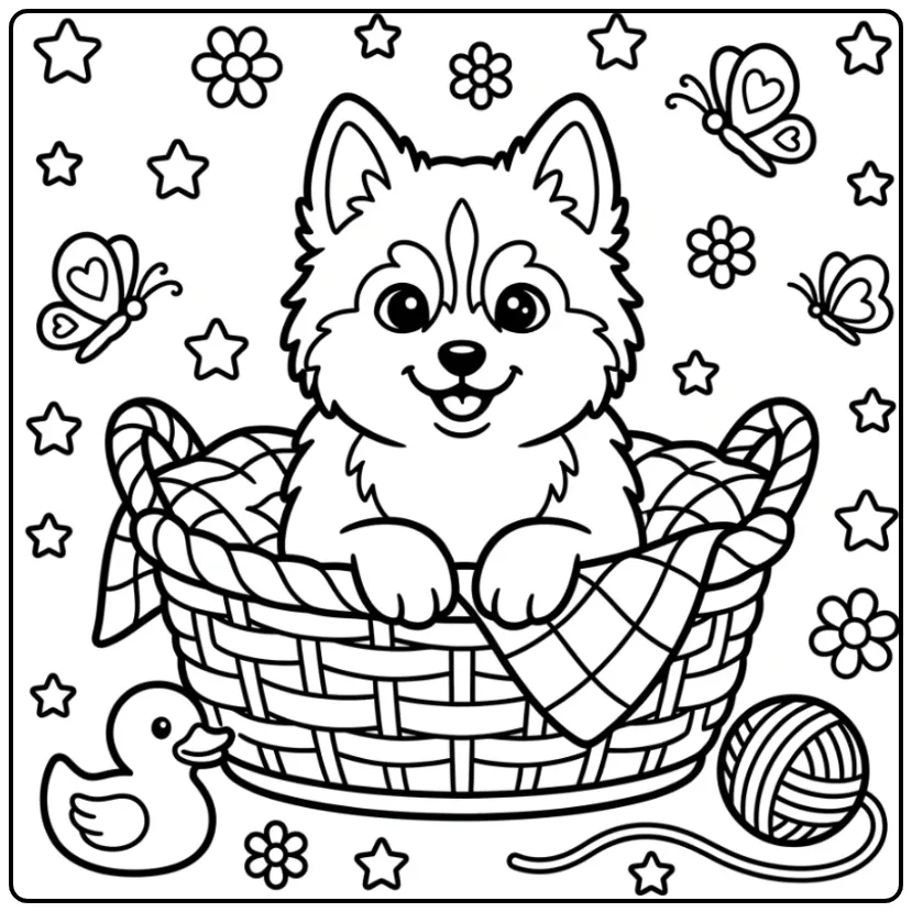 Cute Puppy with Flowers and Toys coloring page