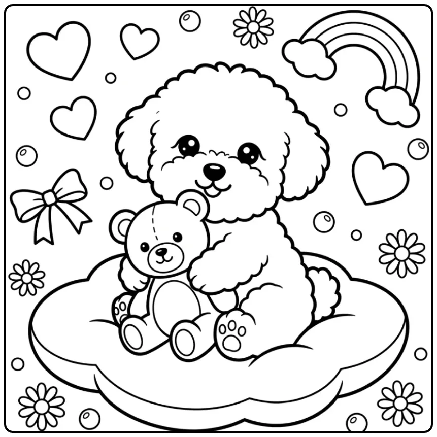 Cute Puppy with Hearts and Toys coloring page