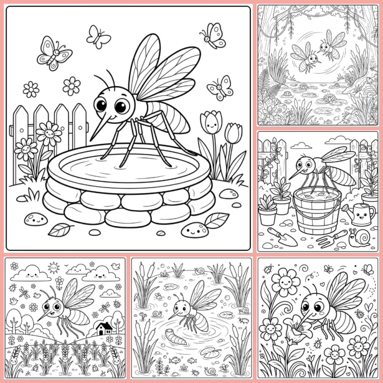 Mosquito coloring page collection preview with detailed insect scenes