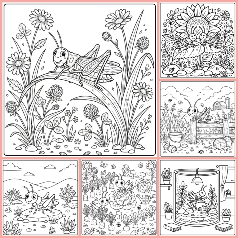 Grasshopper coloring page collection preview with nature scenes