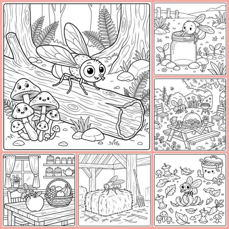 Fly coloring page collection preview with playful insect scenes