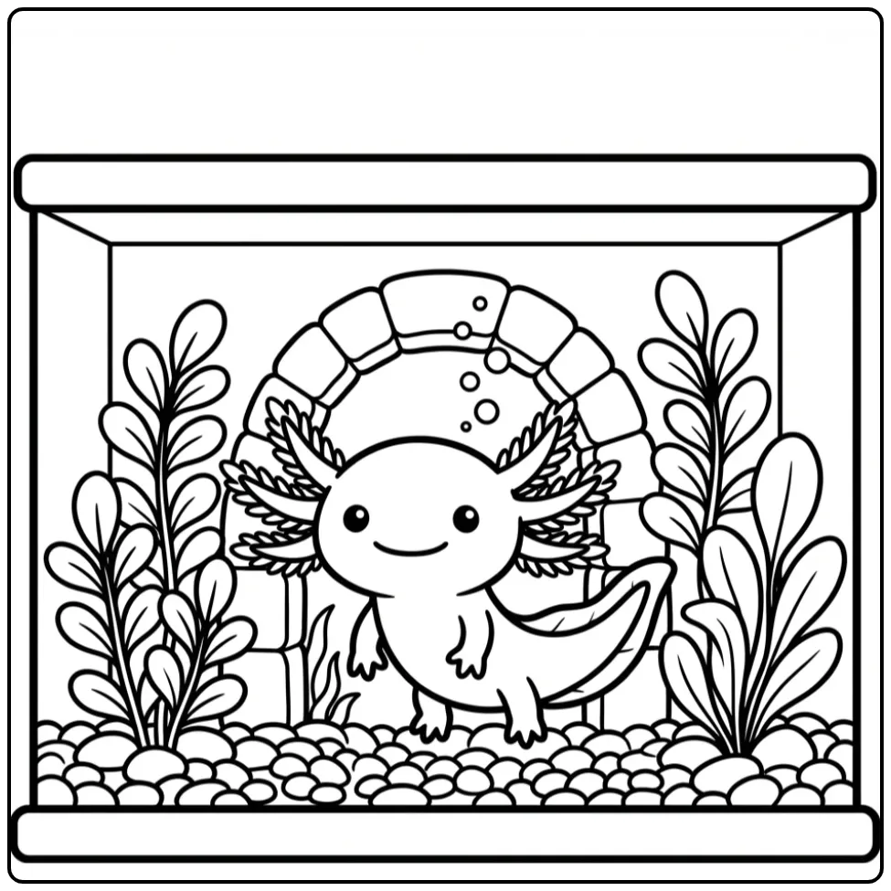 Cute Axolotl with Water Plants coloring page
