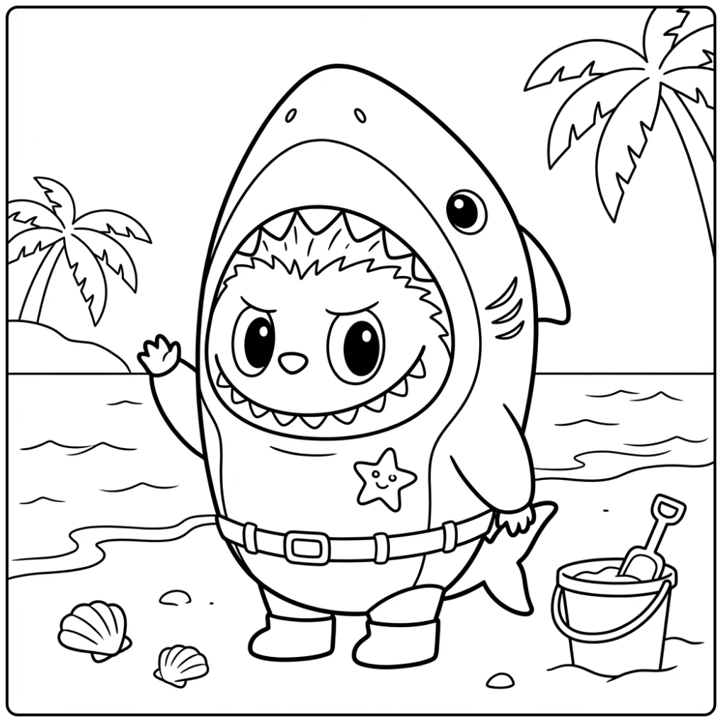 Whale Labubu Character in a Shark Costume coloring page