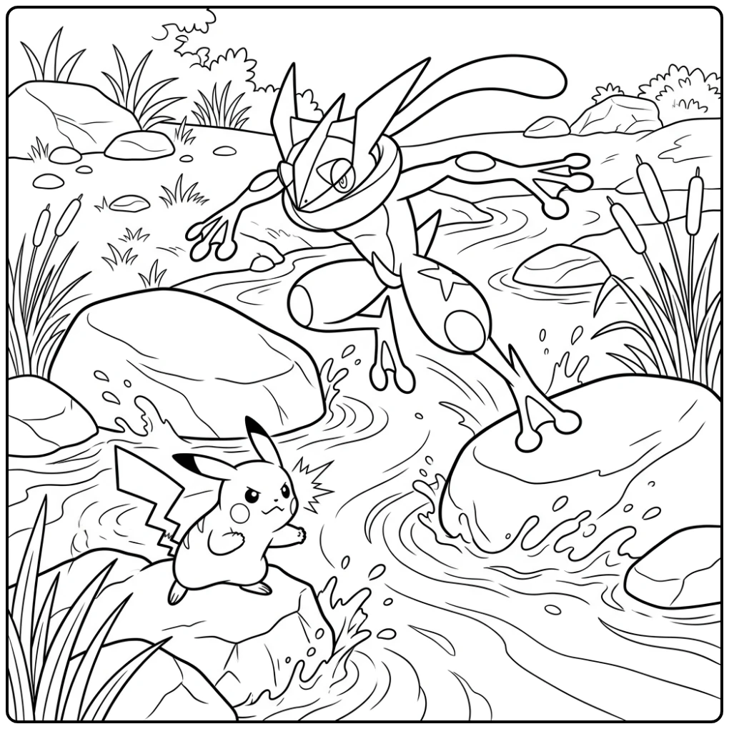 Epic Battle of Greninja Against Pikachu coloring page