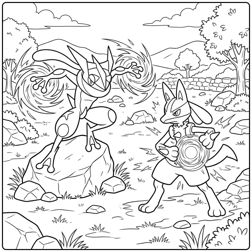 Greninja and Lucario Preparing Attacks coloring page
