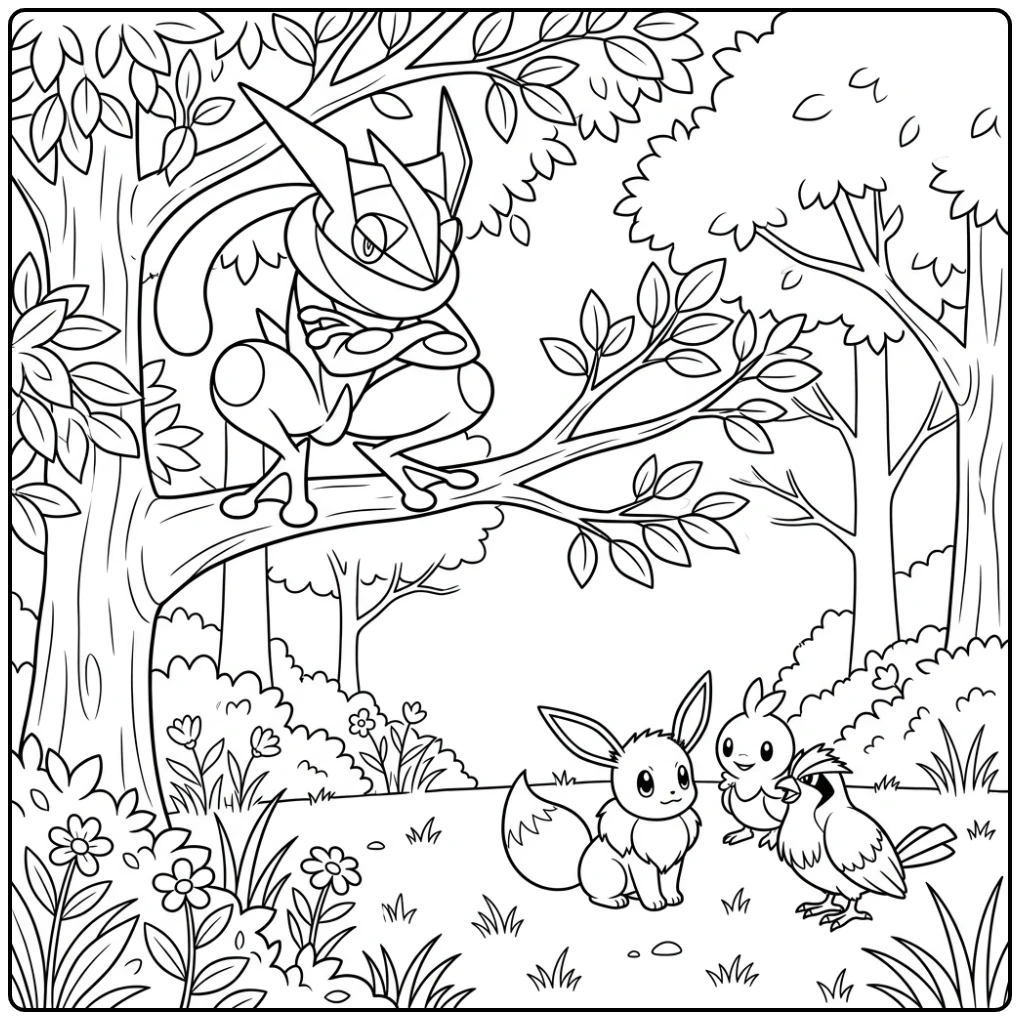 Ninja Greninja Hiding Himself in the Forest coloring page