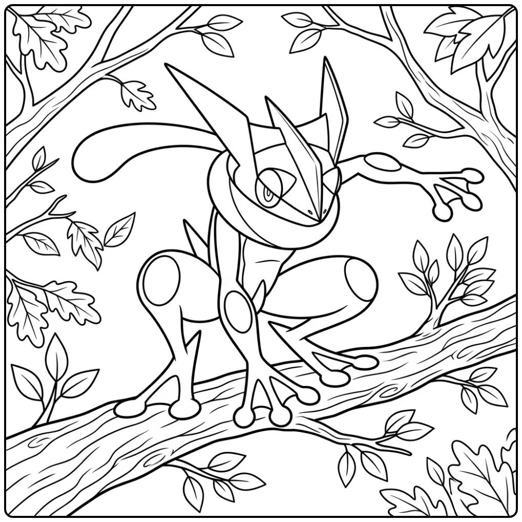Greninja Ninja Scout on Branch Peering Toward Below coloring page