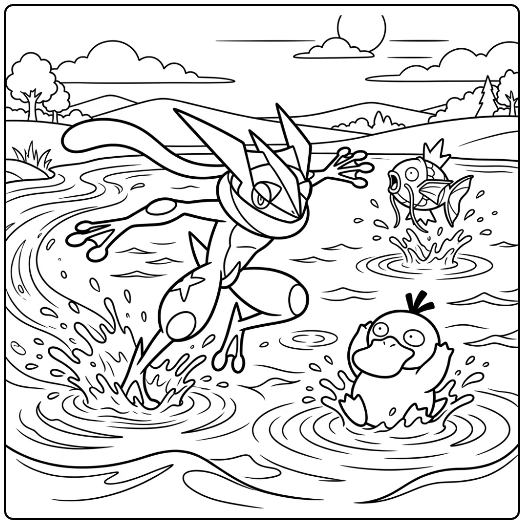 Fast Greninja Chasing Psyduck and Magikarp on the Lake coloring page