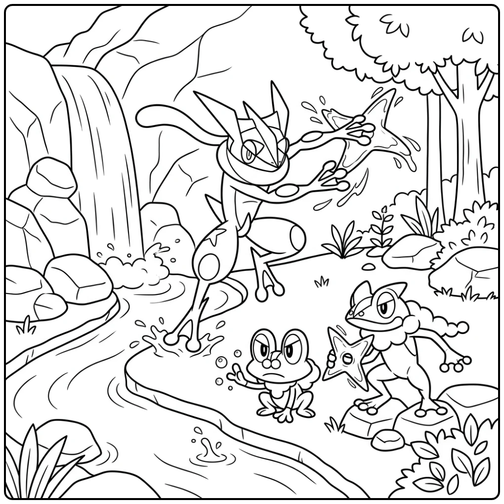 Greninja Training Froakie Frogadier with Waterfall coloring page