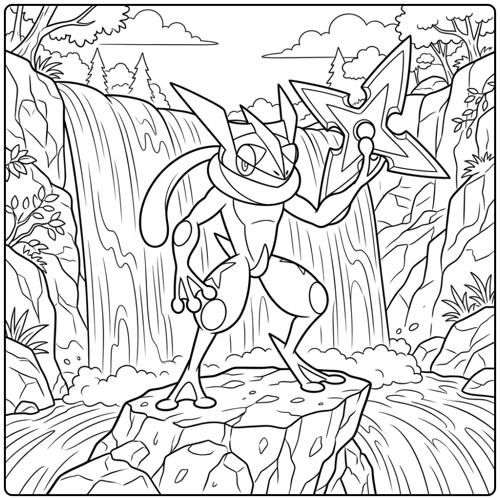 Proud Greninja with Water Shuriken on Rock coloring page