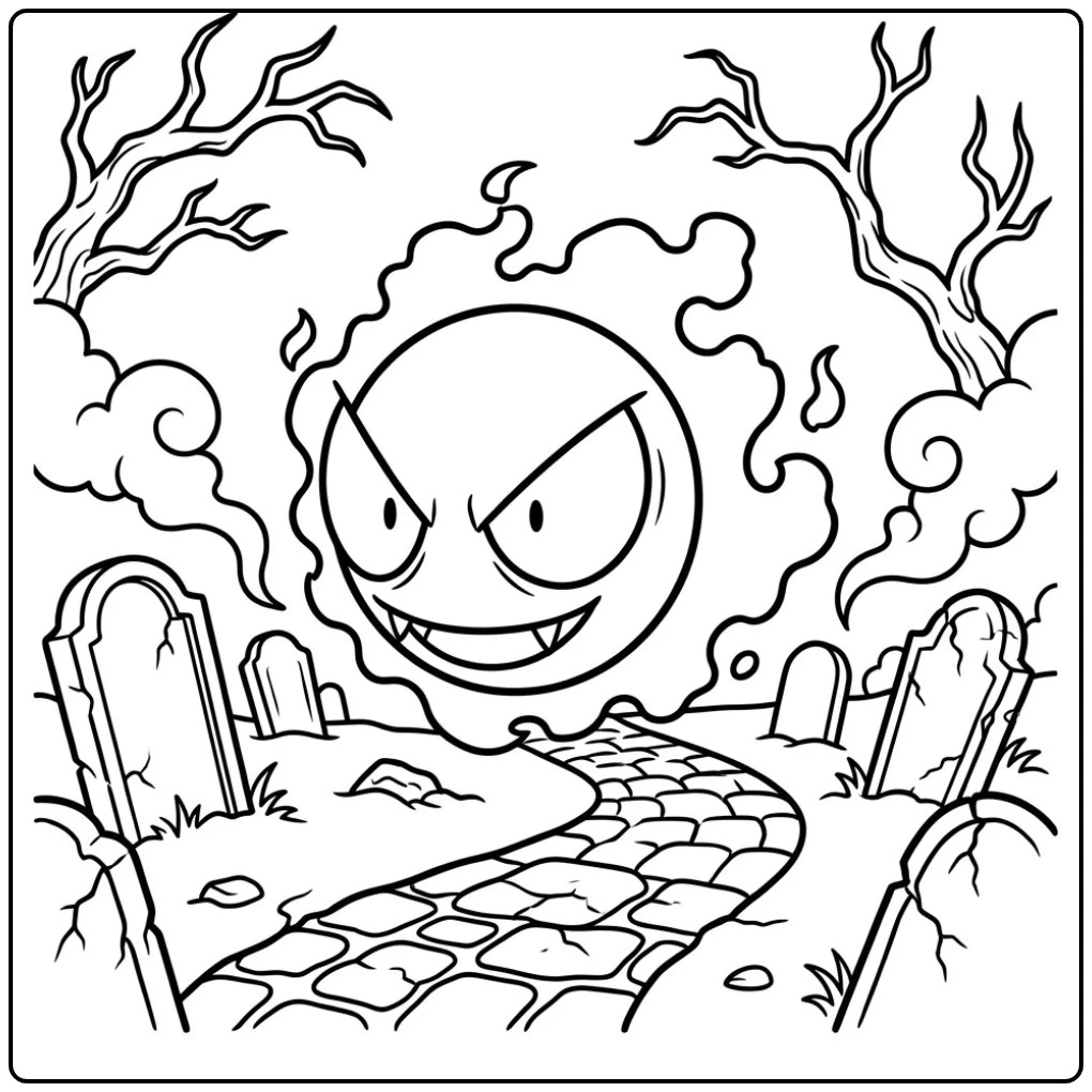 Spooky Pokemon Gastly Gravestones coloring page