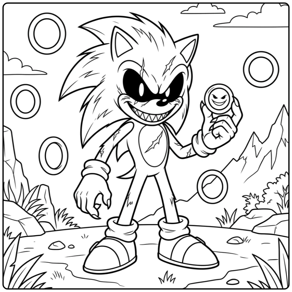 Sonic.EXE coloring page with a dark mysterious scene