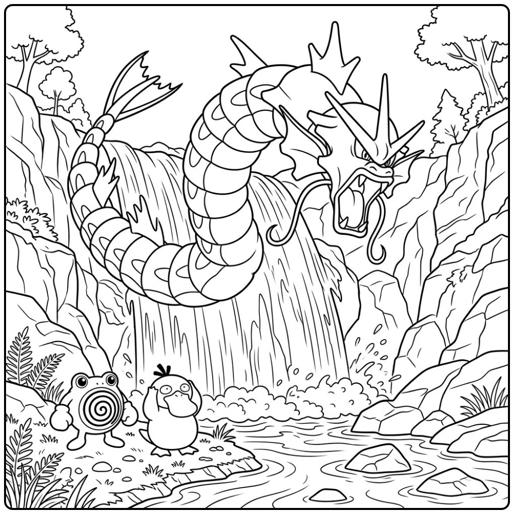 Gyarados Epic Scene with the Waterfall coloring page
