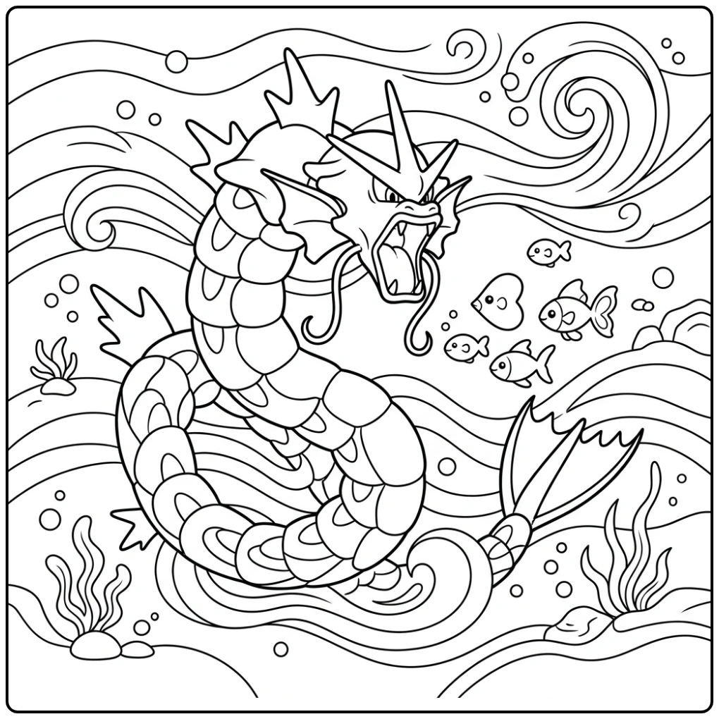 Gyarados Majestic Swimming Through Calm Waters coloring page