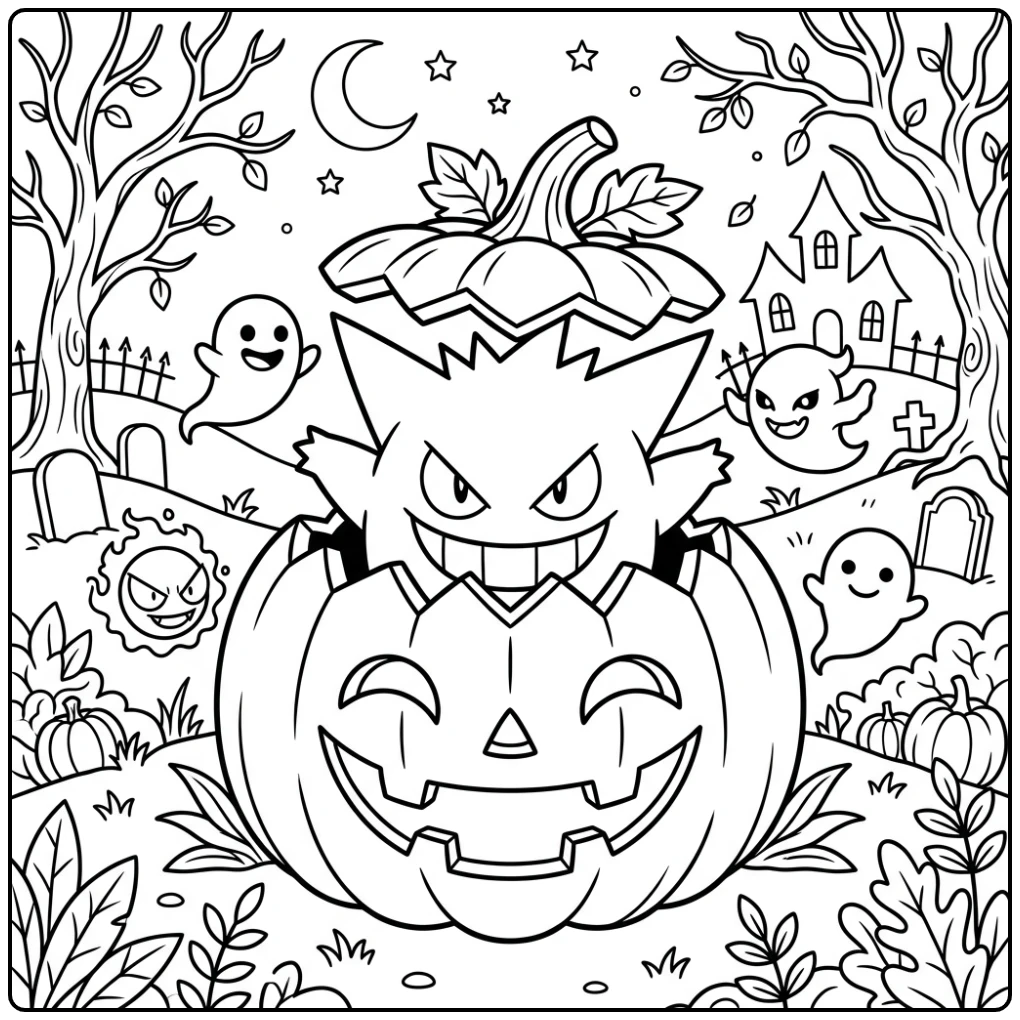 Halloween Gengar Peeking from Spooky Pumpkin coloring page