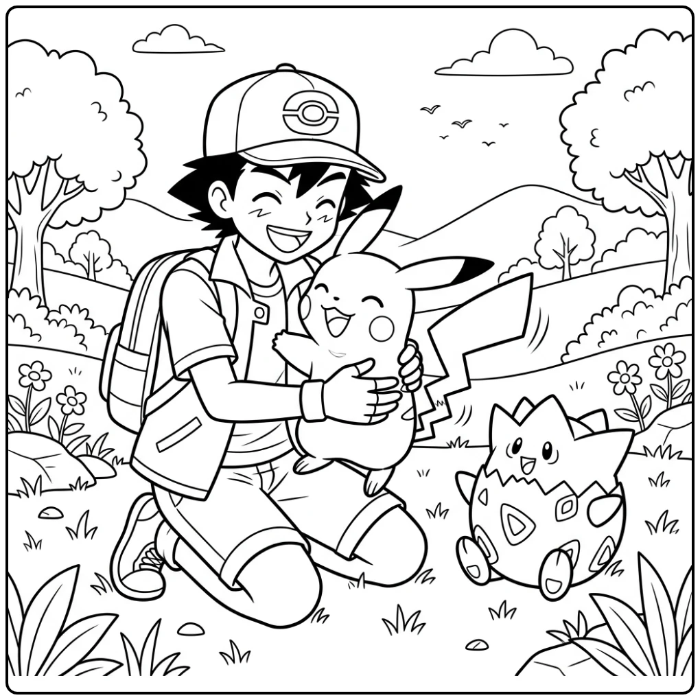 Heartwarming Pikachu Ash and Togepi coloring page