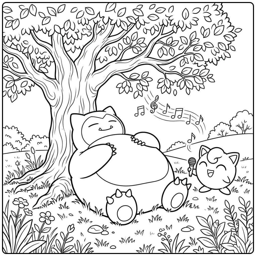 Delicious Snorlax Resting with Singing Jigglypuff coloring page