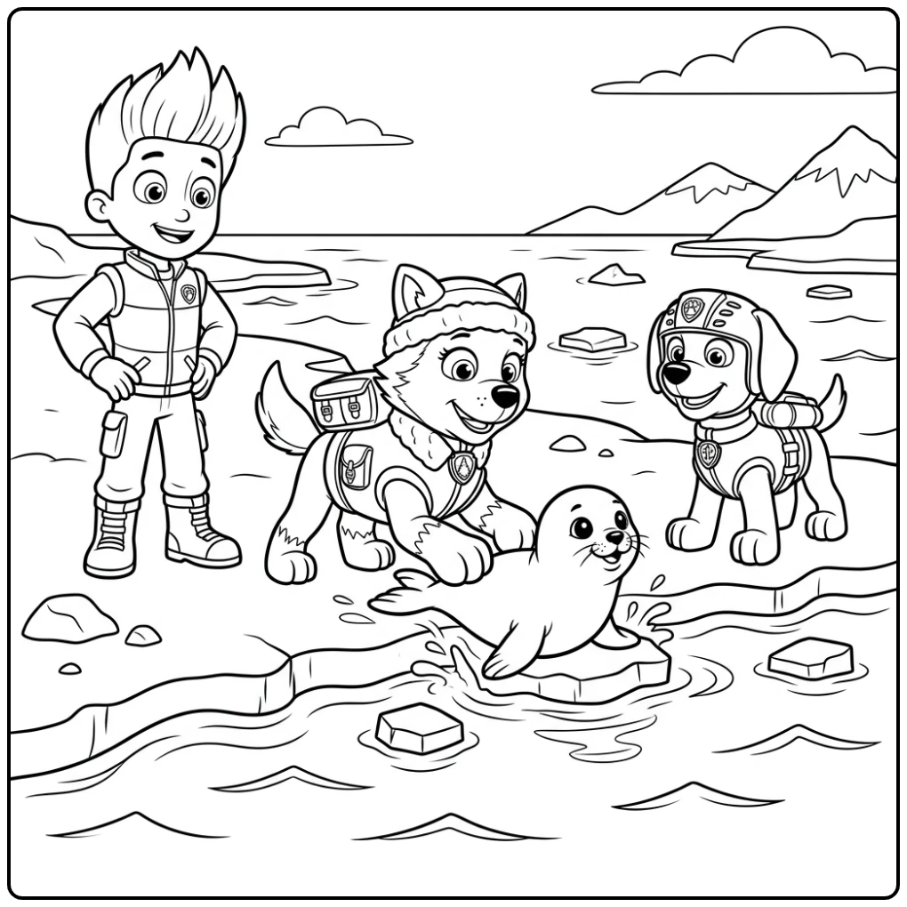 Everest Paw Patrol Heroic Action with a Seal Pup and Ryder coloring page