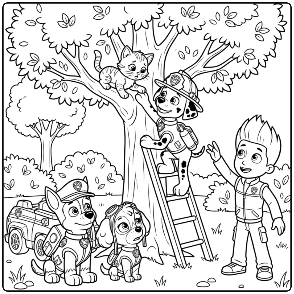 Heroic Paw Patrol Marshall Rescuing Cat in the Park coloring page